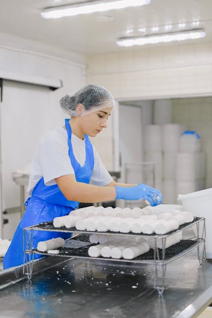 pexels-photo-5953694-5953694-1 Woman worker in cheese production line at dairy facility wearing protective gear.